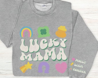 Custom Lucky Mama Sweatshirt & Kid Names on Sleeve | St Patricks Day Lucky Charm Gift for Mom, Mother's Day Gift, Retro Groovy 70s Mom Shirt