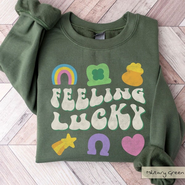 Feeling Lucky Charm St Patrick's Day Sweatshirt | Retro St Patricks Day Shirt, 70s Groovy Lucky Charms Sweatshirt, Pot Of Gold Unisex Crew