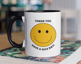 Retro Accent Coffee Mug | Thank You, Have A Nice Day Retro Smiley Happy Face Mug, 11oz