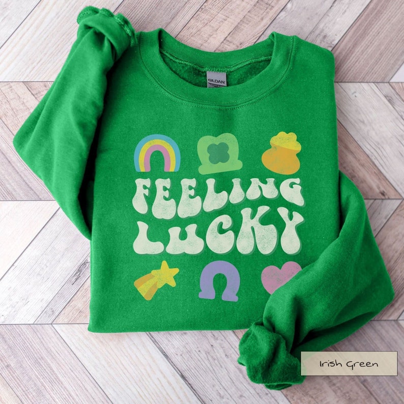 Feeling Lucky Charm St Patrick's Day Sweatshirt Retro St Patricks Day Shirt, 70s Groovy Lucky Charms Sweatshirt, Pot Of Gold Unisex Crew image 2