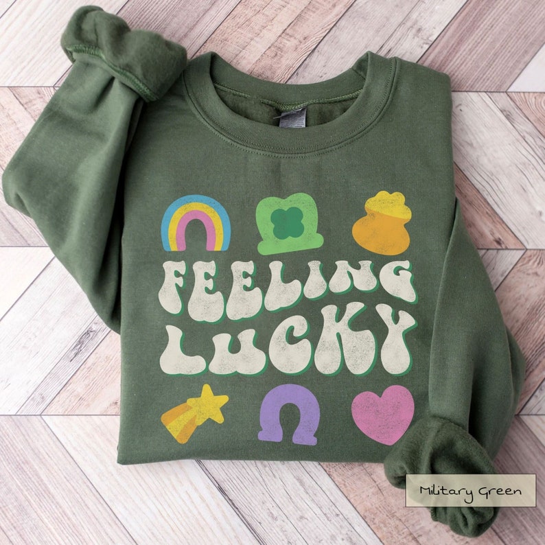 Feeling Lucky Charm St Patrick's Day Sweatshirt Retro St Patricks Day Shirt, 70s Groovy Lucky Charms Sweatshirt, Pot Of Gold Unisex Crew image 1