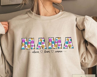 Mama Sweatshirt With Kids Names | Mama Daisy Shirt, Retro Groovy Flower Sweatshirt, Personalized Mom Shirt, Mother's Day Gift For Mom