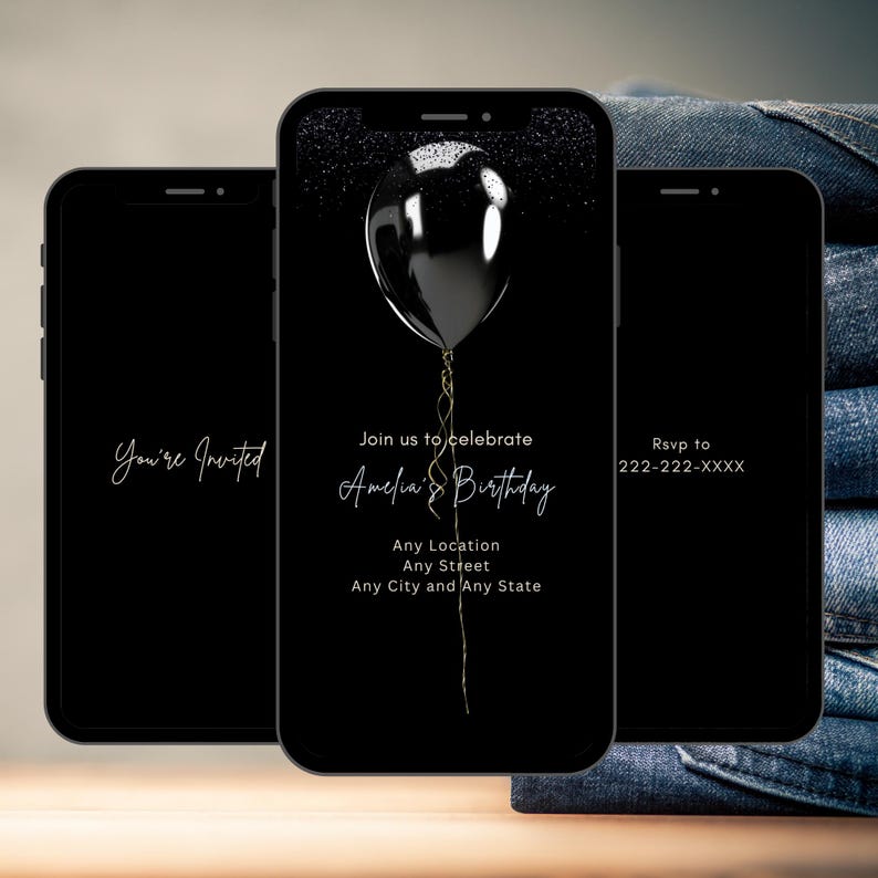 May include: Black and gold birthday party invitation with a black balloon and the text "Join us to celebrate Amelia's Birthday".