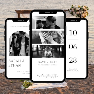 Puede incluir: Anuncio de boda en blanco y negro "Save the Date" en la pantalla de un teléfono inteligente. El anuncio incluye un collage de fotos de la pareja, el texto "Save the Date", "We are getting married" y la fecha "10.06.28". El anuncio también incluye la ubicación "Church Hill, Miami Beach, FL".