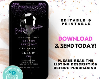 Birthday Celebration Black Invitation Purple | Corjl | Digital Invitation | Downloadable Invitation | Digital Invite | Text