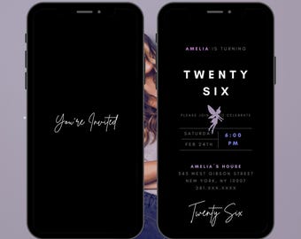 Black Fairy Animation Birthday Invitation Video, Birthday Dinner Invite, Black Formal Birthday Invite, Digital Birthday Invite, Editable