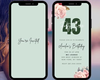 Pastel Green Animation Birthday Invitation Video, Pink Rose Birthday Dinner Invite, Flower Birthday Invite, Digital Birthday Invite,Editable