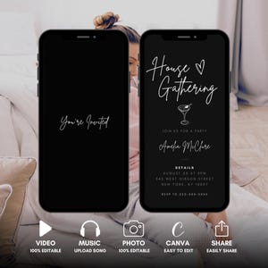 May include: Two black smartphones showing party invitation designs. One screen displays "You're Invited" in white script. The other screen says "House Gathering" with event details. Icons at the bottom indicate video, music, photo, Canva, and share options.