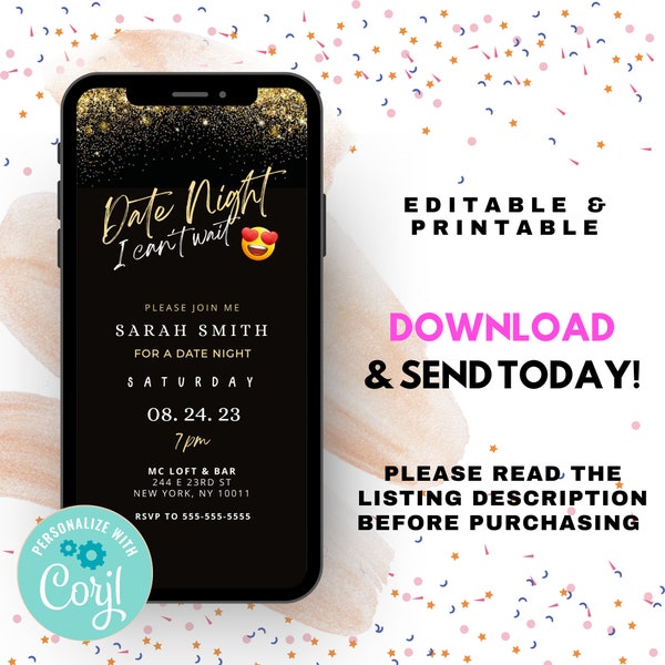 Date Night I Can't Wait Invitation | Digital And 5x7 Printable Corjl Bundle | Digital Invitation | Downloadable Invitation | Text Message