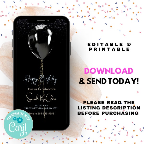 Black Birthday Elegant Invitation Glitter | Corjl | Digital Invitation | Downloadable Invitation | Digital Invite | Text