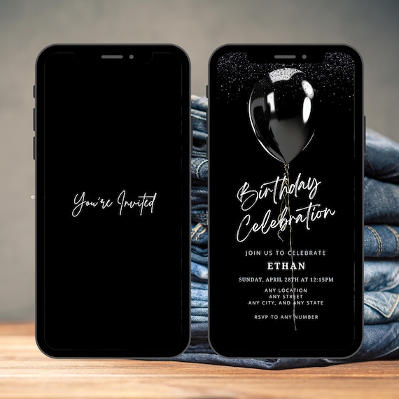 Black Birthday Invitation Video, Birthday Dinner Invite, Digital Birthday Invite, Editable Template, Text Black Birthday Invite