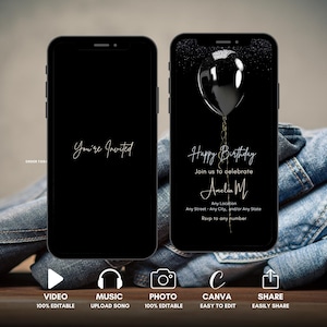 May include: Black and white mobile phone screen mockup with a birthday invitation. The invitation features a black balloon with a silver string and the text "Happy Birthday" and "Join us to celebrate Amelia M".