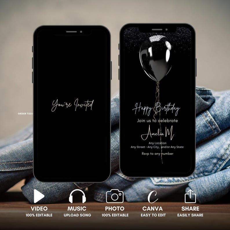 May include: Black and white mobile phone screen mockup with a birthday invitation. The invitation features a black balloon with a silver string and the text "Happy Birthday" and "Join us to celebrate Amelia M".