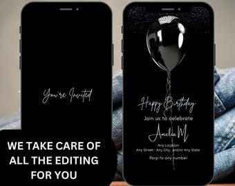 Personalized Black Birthday Invitation Video, Custom Digital Birthday Invite, Elegant Text Message Invitation, Birthday Dinner Party