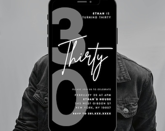 30th Birthday Video Invitation | Editable Digital Birthday Invite | Modern Black & White Typography Mobile Evite | Instant Download