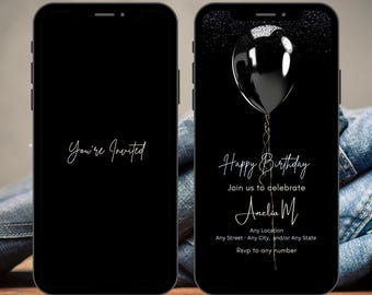 Black Elegant Birthday Invitation Video, Birthday Dinner, Digital Birthday Party Invite, Editable Template, Text, Birthday Party