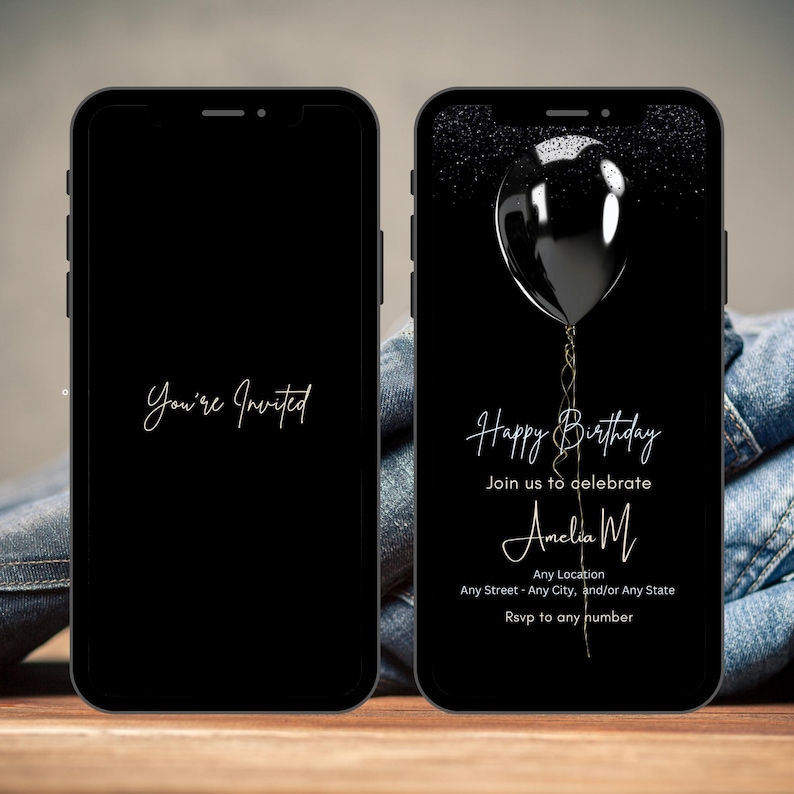 May include: Black and white mobile phone screen with a birthday invitation. The invitation features a black balloon with a gold string and the text "Happy Birthday" and "Join us to celebrate Amelia M".