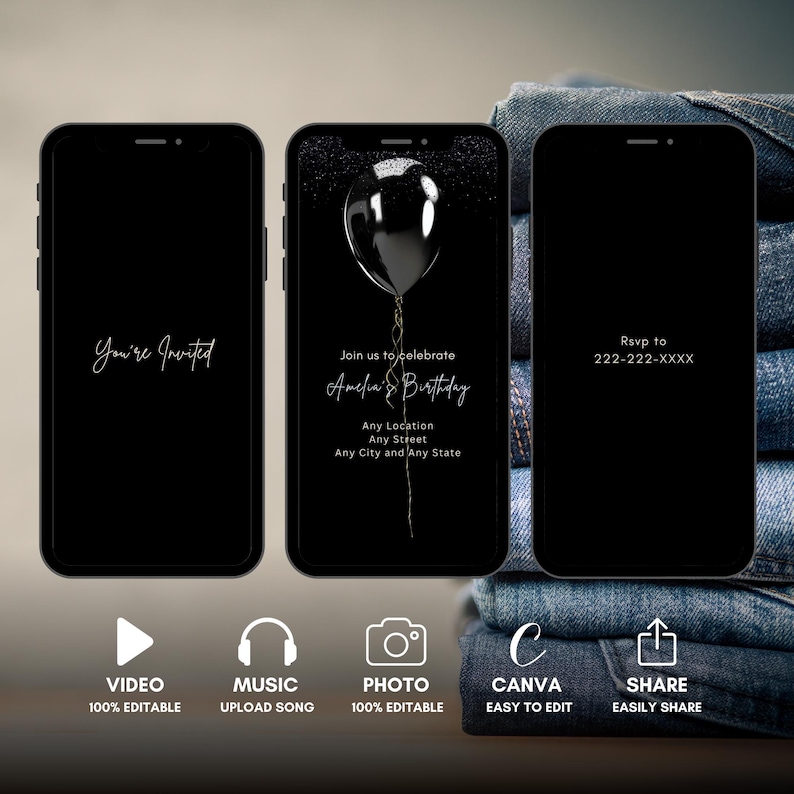 May include: A black and white mobile phone screen displaying a birthday invitation with a black balloon and the text "Join us to celebrate Amelia's Birthday". The invitation also includes the text "Any Location, Any Street, Any City and Any State". The phone is on a stack of blue denim fabric.