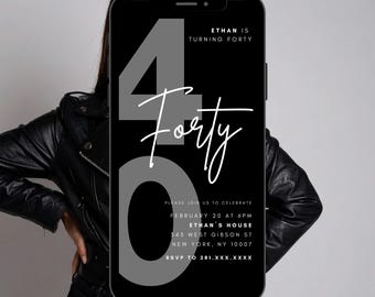 40th Birthday Video Invitation | Editable Digital Birthday Invite | Modern Black & White Typography Mobile Evite | Instant Download