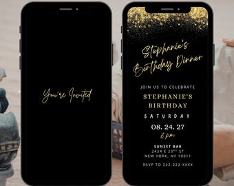 Black Gold Birthday Dinner Invitation Video, Birthday Dinner Invite, Digital Birthday Invite, Editable Template, Black Gold Birthday Invite
