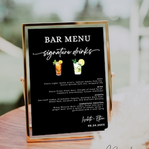 Black Bar Menu Signature Drinks Sign | Minimalist Bar Menu | Signature Cocktail Sign | His and Hers Bar Sign | Editable Printable