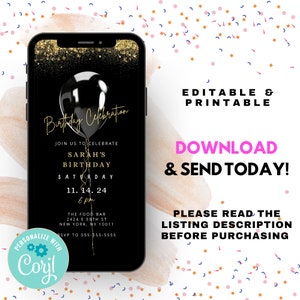Geburtstags-Feier-schwarze Einladung Gold | Korjl | Digitale Einladung | Einladung zum Herunterladen | Digital einladen | Text