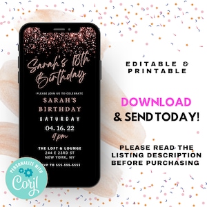 Rose Gold Glitter Birthday Invitation Printable | Digital Invitation | Downloadable Invitation | Digital Invite | Text Message Invitation