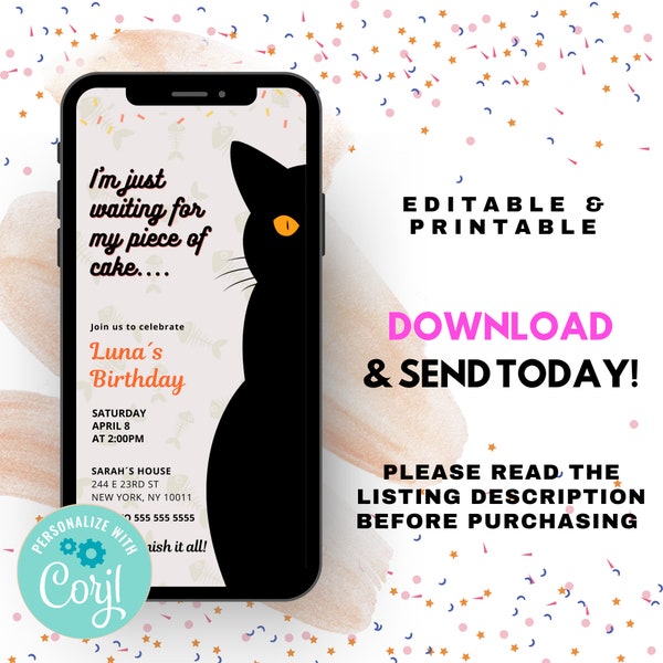 Black Cat's Birthday Party Invitation | Kitten Birthday Invite | Digital And 5x7 Printable Corjl | Digital Invitation | Downloadable | Text