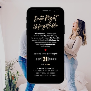 May include: A black smartphone shows a date night invitation with gold text. The invitation says "Date Night Unforgettable" and includes the date, time, and location. A couple is in the background, with one person smiling.