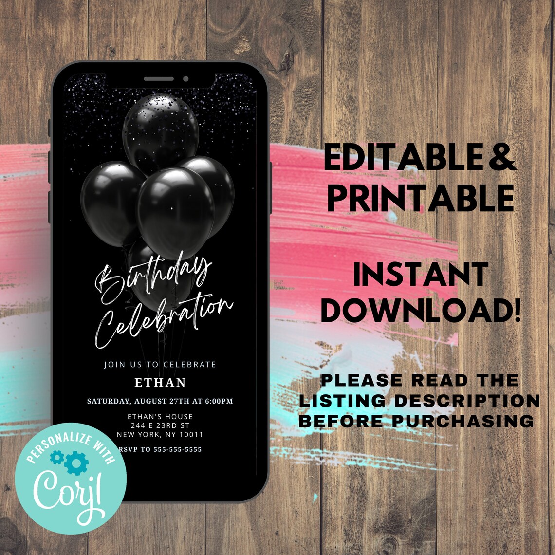 Black Birthday Invitation Printable Corjl Digital Invitation - Etsy