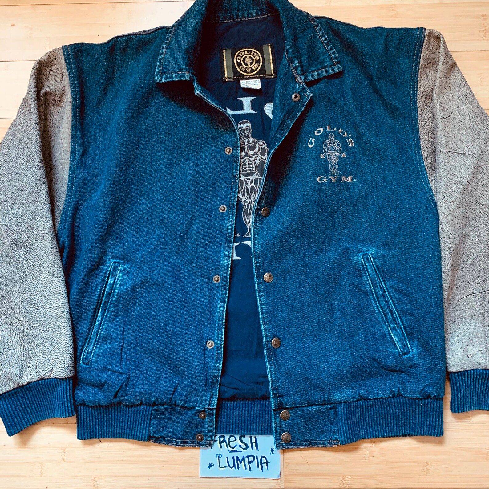 Golds Gym Vintage Denim Faux Leather Bomber Varsity Jacket Etsy