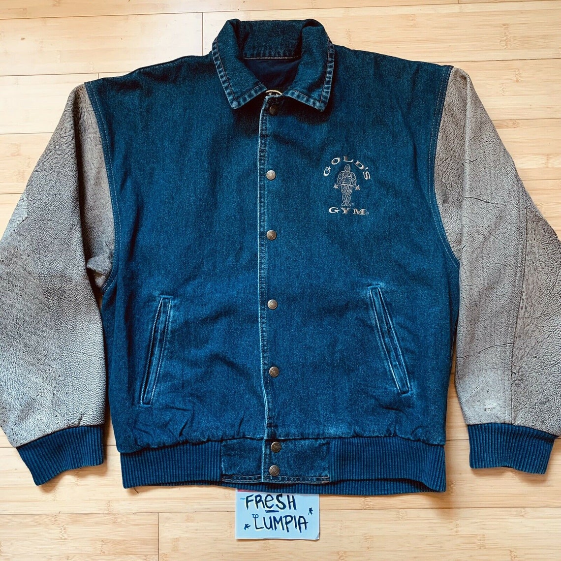 Golds Gym Vintage Denim Faux Leather Bomber Varsity Jacket Etsy