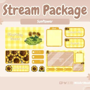 Sunflower ストリーム パッケージ | オーバーレイ、パネル、アラート、チャンネル ポイント、スティンガー | アニメーション化されたかわいい Twitch ストリーム アセット - デジタル ダウンロード