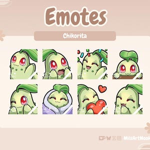 Set di emote Chikorita / Pacchetto di 8 emote Pokemon PNG preimpostate per Twitch e Discord / Risorse per streaming carine, download digitale