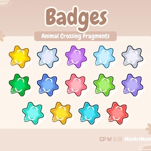 May include: A selection of star-shaped badges in various colours, including yellow, blue, purple, green, and pink, with a white outline. The image is labelled "Badges" and "Animal Crossing Fragments." The background is a light beige.