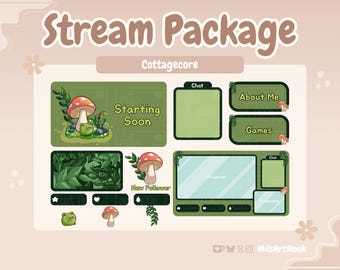 May include: A digital stream package with a cottagecore theme. The design features green and beige elements, including mushroom and frog illustrations. Text includes "Stream Package", "Cottagecore", "Starting Soon", "Chat", "About Me", "Games", and "New Follower".