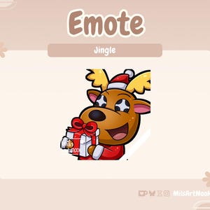 Op de afbeelding: Een cartoon illustratie van een rendier met een kerstmuts en een rood pak, met een ingepakt cadeau met een rode strik. Het woord "Emote" staat bovenaan, met "Jingle" eronder.