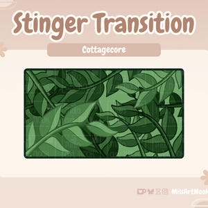Può includere: Grafica digitale con un motivo a foglie verdi, etichettata come "Stinger Transition" e "Cottagecore". Il design presenta varie tonalità di foglie e steli verdi, su uno sfondo beige chiaro con accenti floreali.