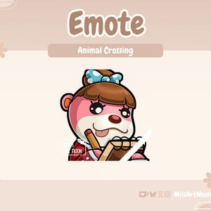 May include: An Animal Crossing emote featuring a pink otter character with brown hair and a blue bow. The otter is holding a pencil and notepad, with the word "Emote" above and "Animal Crossing" below.