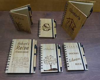 Bamboo notebook with different motifs. Beautiful personalized gift for any occasion, such as birthday, Christmas, birth, anniversary