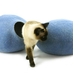 Large Felted Wool Cat Cave Bed, Handmade Cat House, Natural Indoor Cat Bed, Sky Blue  Merino Wool Pet Cave, KIVIKIS