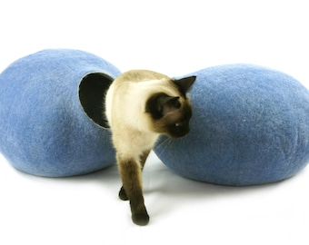 Large Felted Wool Cat Cave Bed, Handmade Cat House, Natural Indoor Cat Bed, Sky Blue  Merino Wool Pet Cave, KIVIKIS