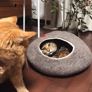 May include: A gray cat bed shaped like a stone with a cat peeking out of the opening. The cat bed is made of felt and has a white trim around the opening.