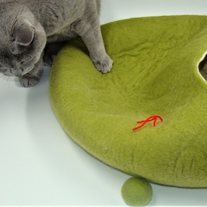 Puede incluir: Un gato gris est&aacute; sentado junto a una cama para gatos de fieltro verde con un interior beige. La cama tiene un peque&ntilde;o agujero para que el gato pueda entrar. Hay una cuerda roja y una bola verde dentro de la cama.