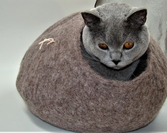 Felted Wool Cat Cave, house, bed, Eco Friendly, Elegant Designs, Natural Felted Wool, Handmade, Color Brown ,100% wool  Made by kivikis.