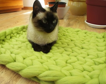 Chunky cat bed , wool pet bed , dog bed , chunky cat dog bed , 100% sheep wool knitted pet bed made By Kivikis Color Green