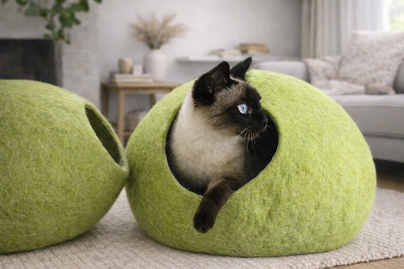 Large Cat Cave Bed, Cat House, Handmade Felted Wool Cat Bed Cave, Natural Wool Indoor Cat Cave, Birch  Green , KIVIKIS
