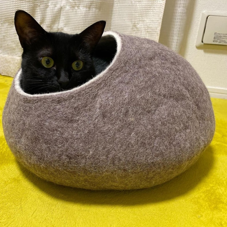 May include: A black cat peeks out of a brown felt cat bed shaped like a rounded oval.