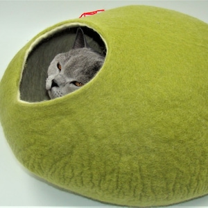 Puede incluir: Una cama para gatos de fieltro verde con forma de huevo con un gato dentro. La cama para gatos tiene una abertura de fieltro blanco para que el gato pueda entrar.