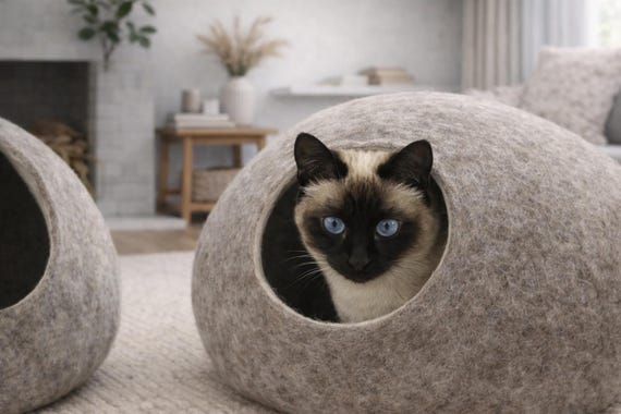 Large Cat Cave Bed, Cat House, Handmade Felted Wool Cat Bed Cave, Natural Wool Indoor Cat Cave, Sand Brown , KIVIKIS